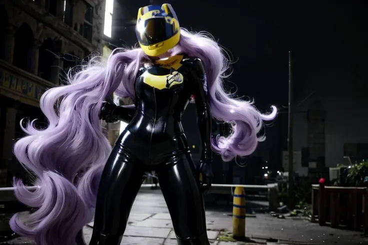 araffe dressed in a black latex suit and a yellow helmet