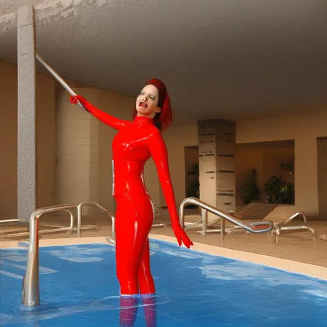 Bianca Beauchamp, red latex bodysuit, in a swiming pool.