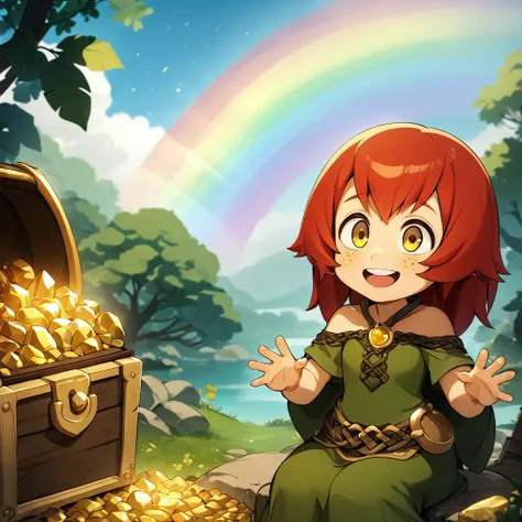 masterpiece,8k,16k,32k,absurd resolution,high resolutionMasterpiece,absurd resolution,8k,BucketGoldUnderTheRainbow,celtic style,1girl,red hair,freckles,celtic clothes,,nice hands,,sitting,looking up,happy,blushing,detailed yellow eyes,looking at viewer,vie...