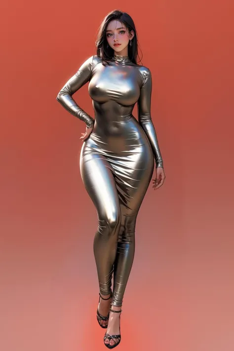 1girl,solo,medium breasts,outdoors,<lora:GoodHands-beta2:1>,(red background),(full body:1.3),thigh gap,standing,<lora:0252 PU leather dress_v1:0.9>,silver,dress,shiny clothes,skin tight,, (masterpiece, best quality, hires, high resolution:1.2), (extremely ...