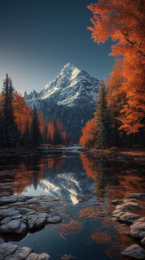 a view of a mountain with a lake and trees in the foreground