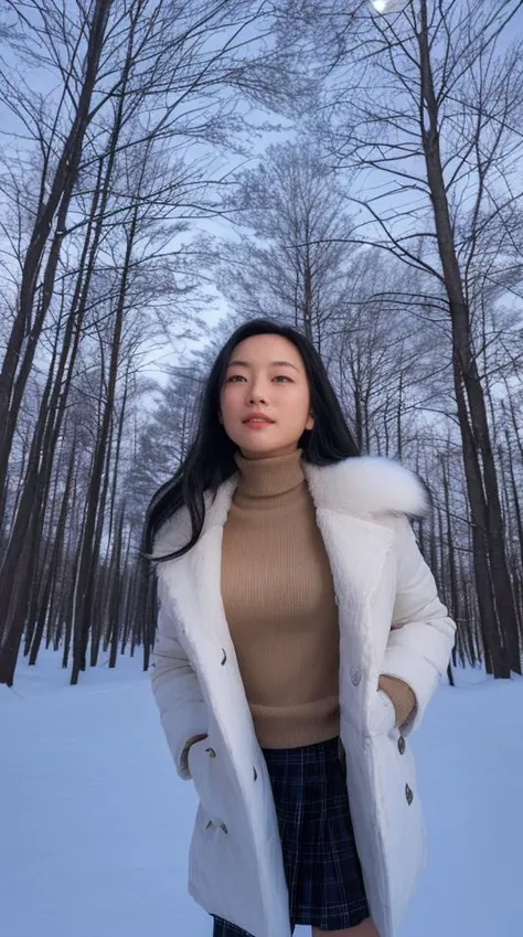 a woman standing in the snow with a coat on