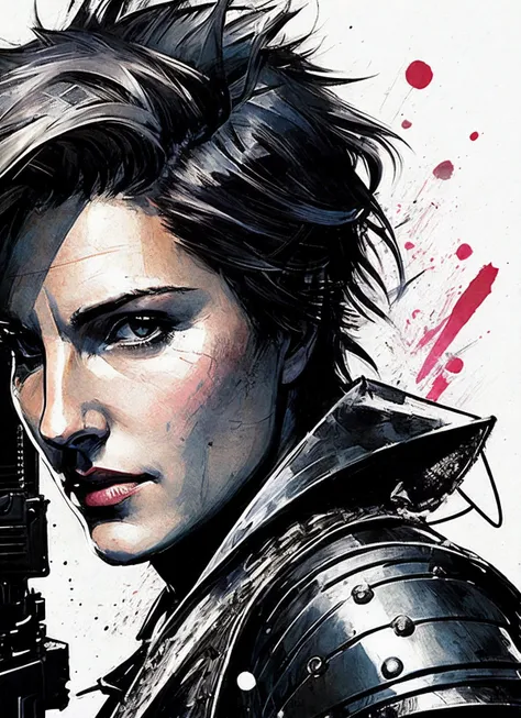 illustration of sks woman as thief in leather armor, smirk, beautiful detailed eyes, cinematic, drawn by Greg Rutkowski, Yoji Shinkawa:0.6, vibrant colors, <lora:locon_tamsin_v1_from_v1_64_32:1.3>