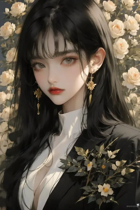 a woman with long black hair and a white shirt and earrings