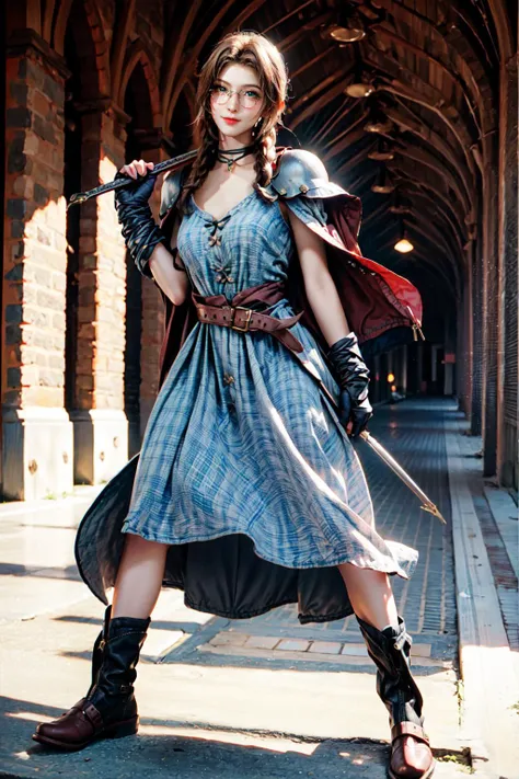 arafed woman in a blue dress and leather boots holding a sword