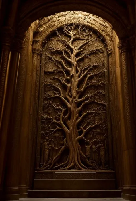 a close up of a tree carved into a wall in a building