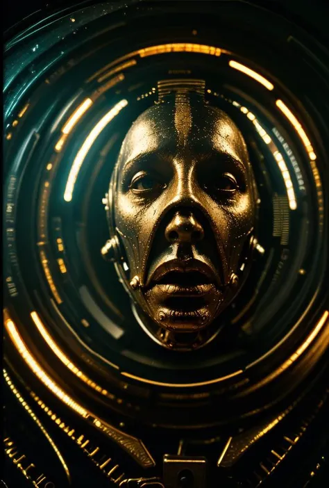 a close up of a man in a gold suit looking through a hole