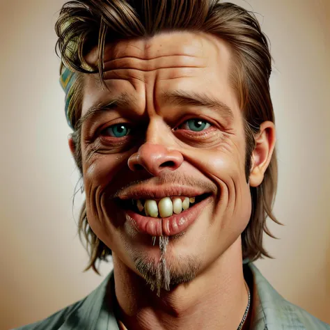 <lora:grossup:0.8> grossup, closeup,brad pitt, weird face, big eyes, grotesque caricature,  smiling ,