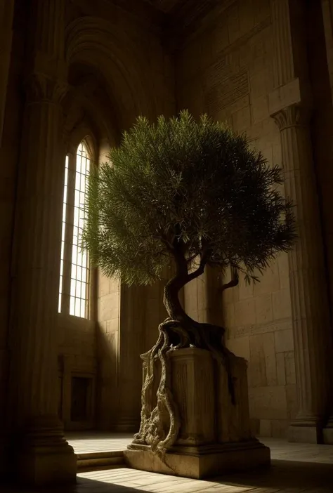 a close up of a tree in a stone vase in a building