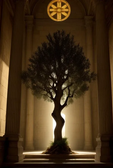 a tree in a building with a light shining on it