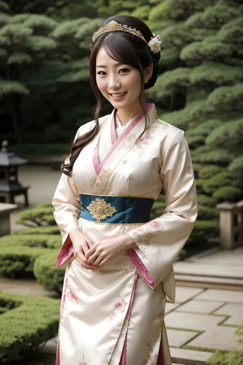 Japanese princess, standing in a beautiful garden, wearing an ornate dresse, seductive smile, white teeth,