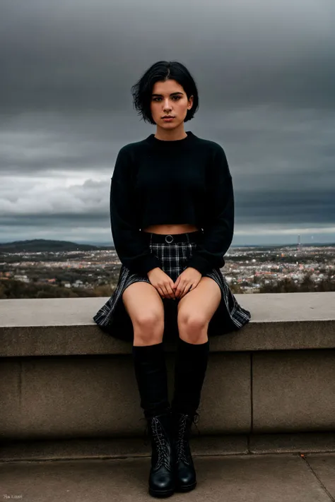 RAW photo, glamour photography of 19 years old edgy fashion woman, Sitting on the edge of a table or ledge, Plaid skirt, cropped sweater, and combat boots, Asymmetrical cut haircut, Rainbow haircolor, low angle, head shot, soft lighting, long exposure, det...