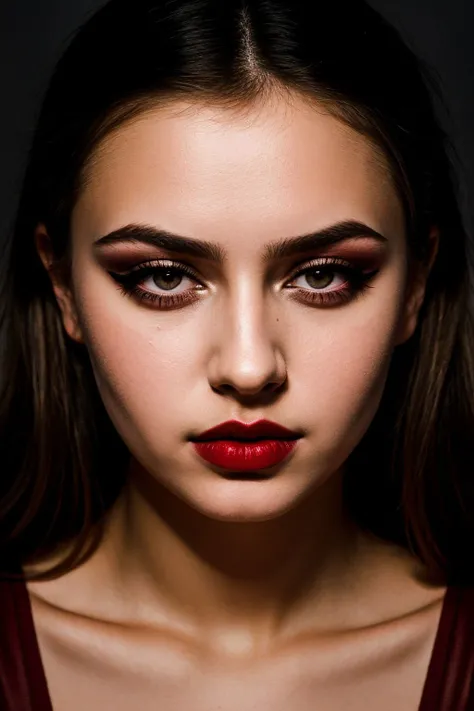 intense emotional photography of a Belarusian woman, anxious, opulent, smokey eyeliner, matte lipstick, rule of thirds, Thin lips, Rosy cheeks, post-disco, direct flash photography, long exposure