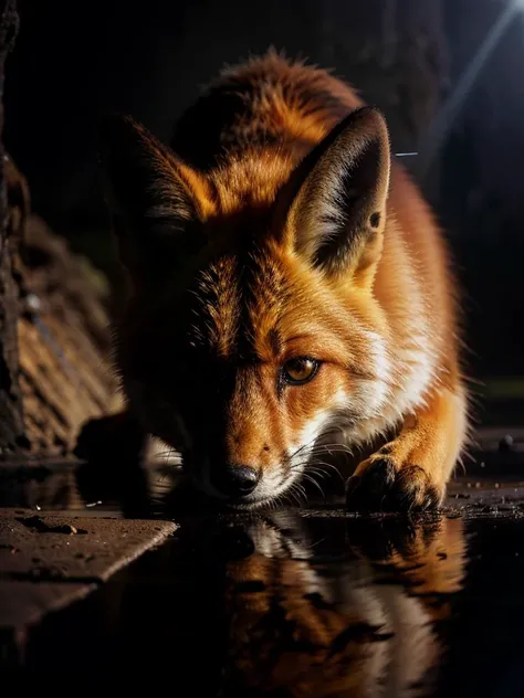 yellow spotlight, fox, (animal, mammal:0.7), cavern, (beam, dust, particle, ray:0.7), (raytracing, reflection:1.1), puddle, (vivid, magic:0.7),
(dark background:1.2),  cute, 
close-up shot,
<lora:spotlight:0.95> 
<lora:epiCRealLife:0.95> 
<lora:Elixir:0.95...