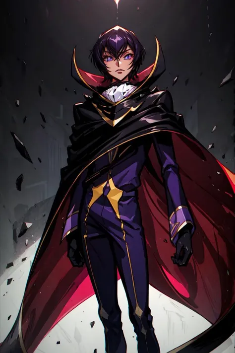 (lelouch lamperouge:1), zero (code geass),purple suit, black cape, purple galaxy background, purple magic surrounding subject, (realistic:1.2), (masterpiece:1.2), (full-body-shot:1),(Cowboy-shot:1.2), neon lighting, dark romantic lighting, (highly detailed...