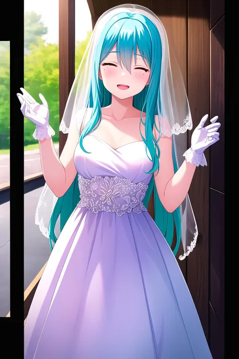 anime - style image of a bride in a wedding dress with blue hair