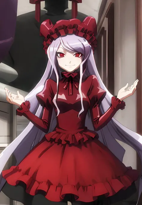 <lora:Overlord:0.9>, Shalltear, solo, smirk, black dress, red dress,