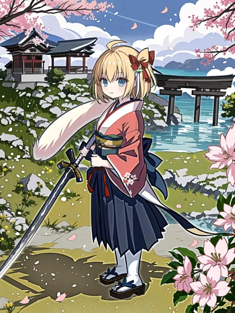 1girl, solo, weapon, sword, cherry blossoms, okita souji (fate), japanese clothes, okita souji (koha-ace), katana, kimono, blonde hair, bow, holding weapon, hair bow, holding, skirt, hakama skirt, hakama, holding sword, short hair, looking at viewer, sheat...