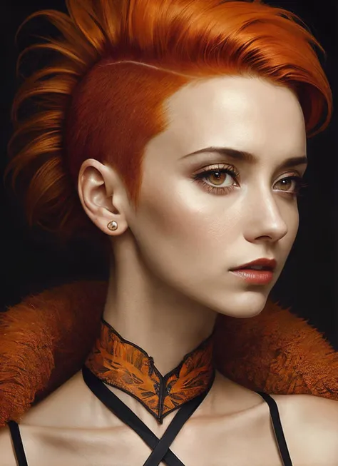 portrait of sks woman by Flora Borsi, style by Flora Borsi, bold, bright colours, orange Mohawk haircut, ((Flora Borsi)), <lora:locon_stellamaeve_v1_from_v1_64_32:1>