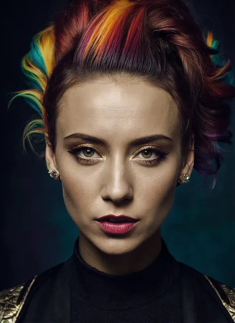 portrait of sks woman by Flora Borsi, style by Flora Borsi, bold, bright colours, rainbow Mohawk haircut, ((Flora Borsi)), <lora:locon_stellamaeve_v1_from_v1_64_32:1>