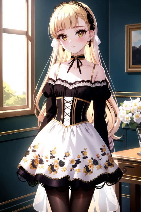 corset, off shoulder,, (((masterpiece, best quality, ultra-detailed, ray tracing))), deph of field, (perfect face, detailed face),shiny eyes, fair skin,((high quality face, soft skin )), (collarbone, cinematic light, cinematic shadow),, (Dark Brown skirt(t...