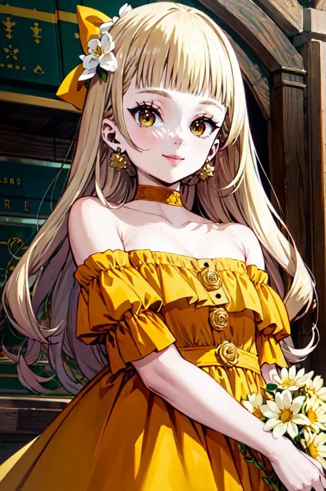 smile, cowboy shot,  <lora:tiara_royal_ivy_V2:0.9> tiara royal ivy, yellow eyes, blonde hair, long hair, blunt bangs, hair bow, hair flower, yellow dress, bare shoulders,  <lora:ponsuke:1>, absurdres, ultra detailed, masterpiece, best quality, aesthetic, d...