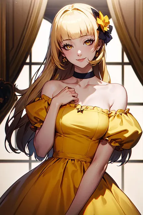 smile, cowboy shot,  <lora:tiara_royal_ivy_V2:0.95> tiara royal ivy, yellow eyes, blonde hair, long hair, blunt bangs, hair bow, hair flower, yellow dress, bare shoulders,, absurdres, ultra detailed, masterpiece, best quality, aesthetic, detailed,