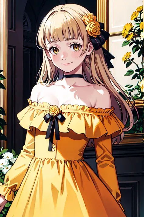 smile, cowboy shot,  <lora:tiara_royal_ivy_V2:0.95> tiara royal ivy, yellow eyes, blonde hair, long hair, blunt bangs, hair bow, hair flower, yellow dress, bare shoulders,  <lora:comiclo:0.6>, absurdres, ultra detailed, masterpiece, best quality, aesthetic...