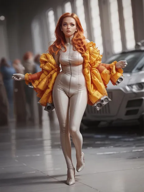 a woman in a white bodysuit and yellow jacket walking down a street