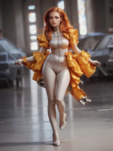 a woman in a white bodysuit and yellow jacket walking down a street