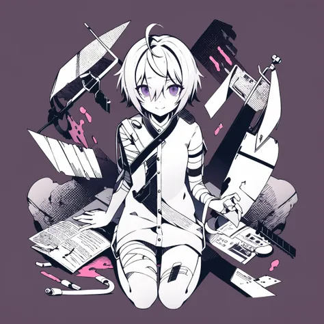 anime girl sitting on the ground with a knife and other items