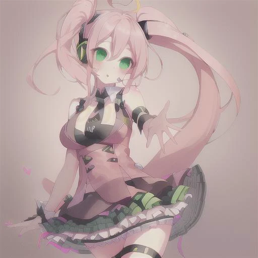 <lora:Uni_Vocaloid-10:1>uni_vocaloid,1girl,solo,pink hair,headphones,long hair,left side ponytail,thigh strap,ahoge,wrist cuffs,hair ornament,bare shoulders,sleeveless,green eyes,facial tattoo,black skirt,black necktie,nail polish, medium breasts,pink nail...