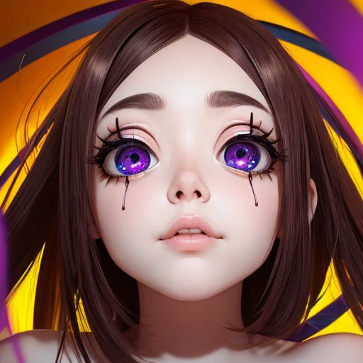 anime girl with purple eyes and long hair with purple and yellow background