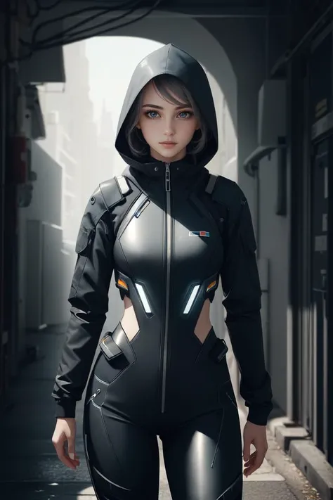 (best quality, masterpiece:1.2), 1 girl, czech woman,  coral eyes, silver dutch braid,  portrait, solo, (full body:0.6), looking away, detailed background, detailed face, (<lora:OrokinTech:0.6>, scifi,   orokintech theme:1.1), secret agent, disguised, subt...