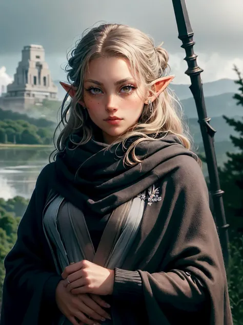 a woman in a cloak and elf ears holding a sword