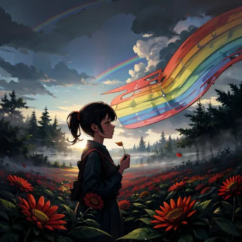 anime girl with a rainbow in the sky