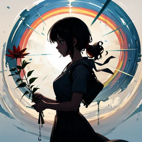 anime girl with a flower in her hand and a rainbow in the background