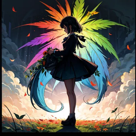 a girl with a rainbow wings standing in a field