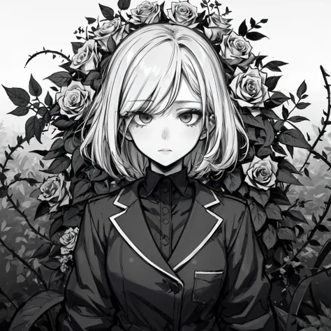 anime girl with blonde hair and black jacket standing in front of roses