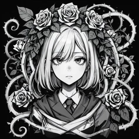 a black and white drawing of a girl with a rose wreath around her head