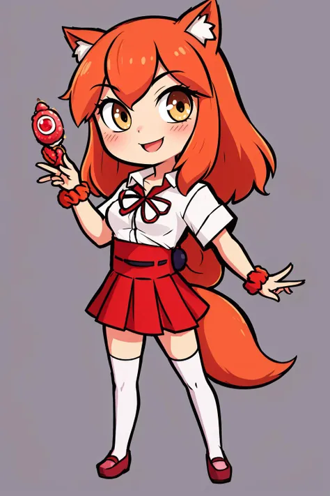 a cartoon girl with a red hair and a white shirt holding a red object