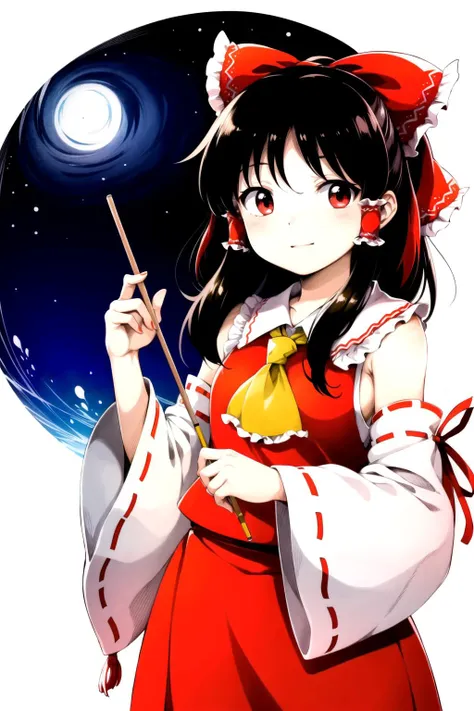 anime girl with a red dress holding a stick and a black and white background