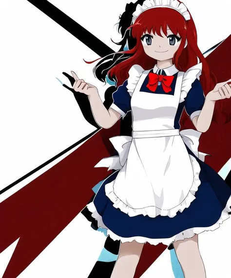 anime girl in maid outfit with red hair and white apron