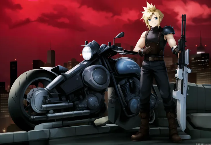 anime character standing next to motorcycle in front of a city