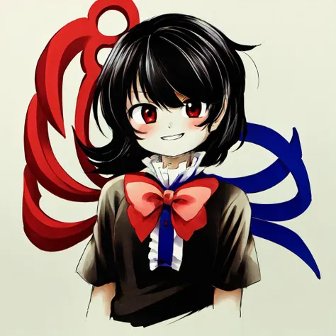 anime girl with black hair and red bow tie and black shirt