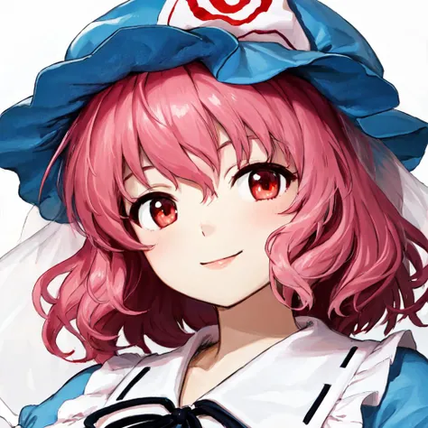 anime girl with pink hair and a blue hat