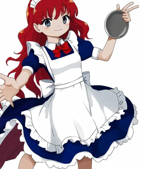 a close up of a person in a dress holding a frying pan