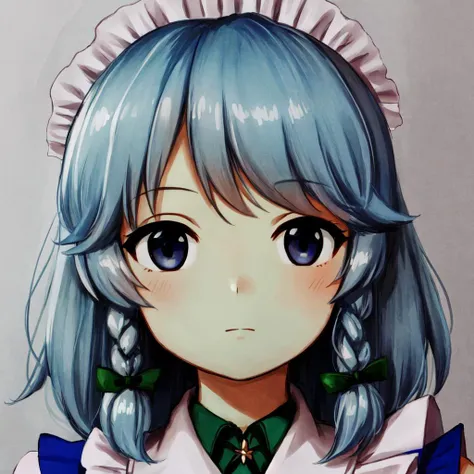 anime girl with blue hair and a green bow tie