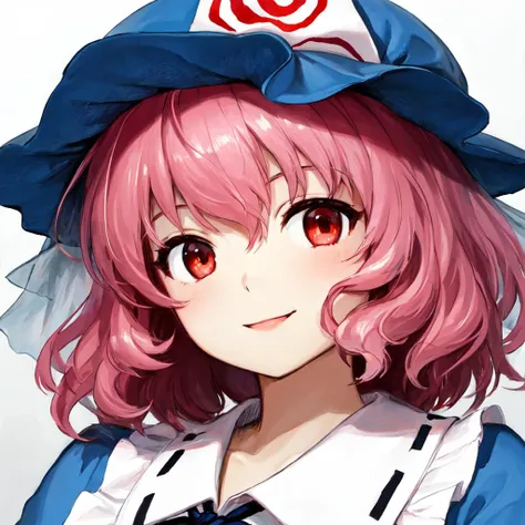 anime girl with pink hair and a blue hat with a red rose on it