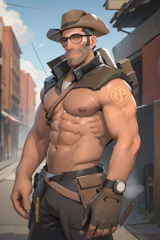 masterpiece, solo, half body, tf2sniper, glasses, facial hair, cowboy hat, single glove, (((topless, muscular, hyper muscles, bara, pecs, abs, nipples))), detailed background, outdoors, smiling, looking at viewer,  <lora:sniperlorav2:0.8>